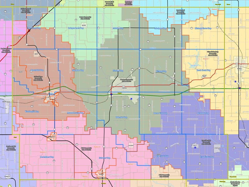 The school district map of Jasper County shows how far district boundaries extend past city limits, indicating that many voters can participate in school elections.