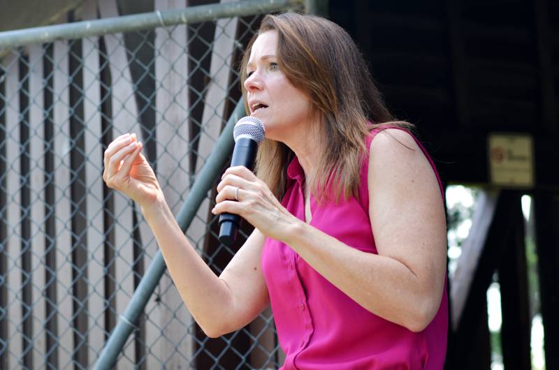 Christina Bohannan, a Democratic candidate seeking her third bid for Iowa's 1st Congressional District seat, speaks during a potluck picnic hosted by the Jasper County Democratic Party on June 28 in Maytag Park in Newton.