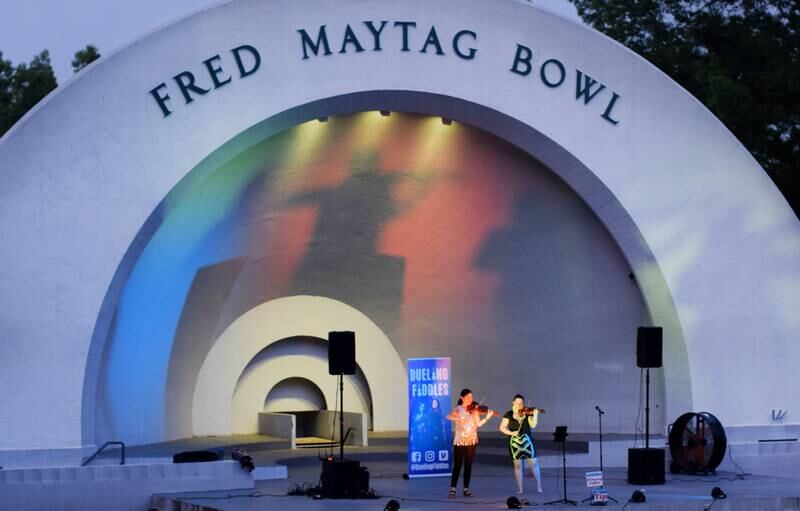 Dueling Fiddles, a Des Moines-based group featuring Hanna Wolle and Geneviève Gros-Louis Salamone, performed Thursday, June 8 as part of the Maytag Bowl Summer Concert Series in Newton.