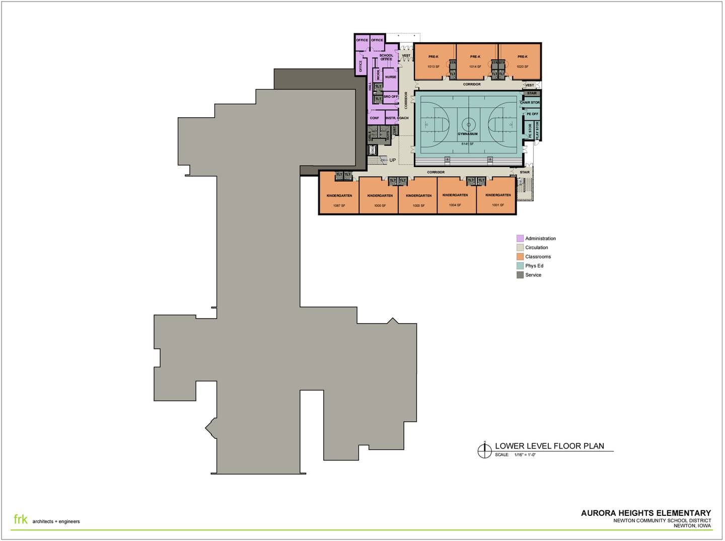 Site plans of the lower level of the new Aurora Heights Elementary School provide five classrooms for kindergarterns and three classrooms for preschool.