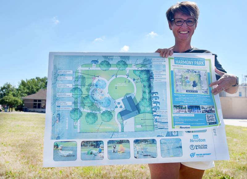 Newton Main Street Executive Director Erin Yeager showcases the large concept drawings of Harmony Park next to a downsized design with smaller water features.