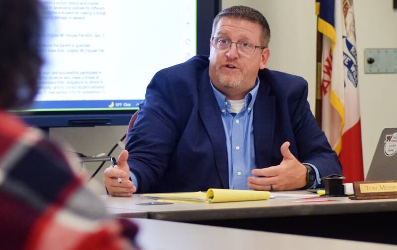 Newton Superintendent Tom Messinger speaks with board members at a past school board meeting at the E.J.H. Beard Administration Center. Two public measures were put on ballots, but only one passed. The result of the one not passing will effect the options school board members have when it comes to deciding which schools to remodel and reconfigure.