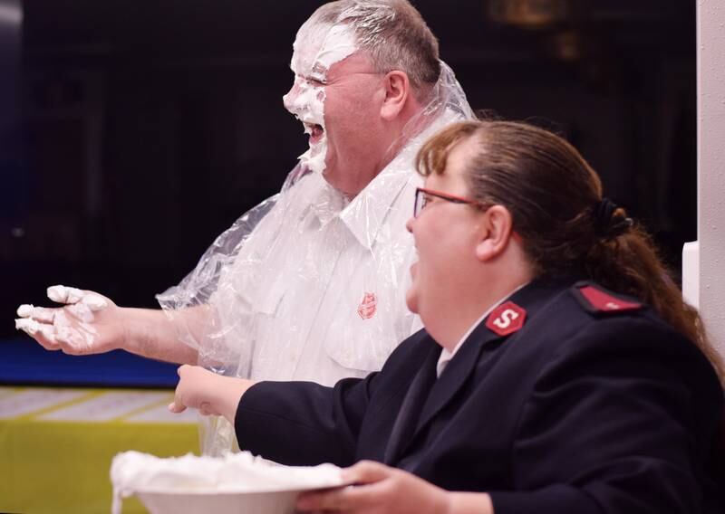 As a result of Rotary raising more funds for the Salvation Army than Kiwanis, Captain  Tim North voluntarily took a pie to the face during a volunteer recognition dinner April 19 at the organization's Newton headquarters.