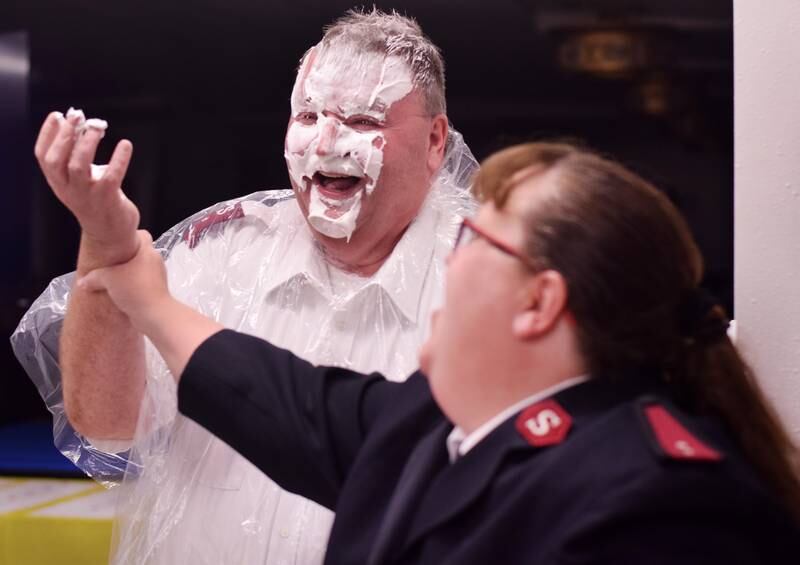 As a result of Rotary raising more funds for the Salvation Army than Kiwanis, Captain  Tim North voluntarily took a pie to the face during a volunteer recognition dinner April 19 at the organization's Newton headquarters.