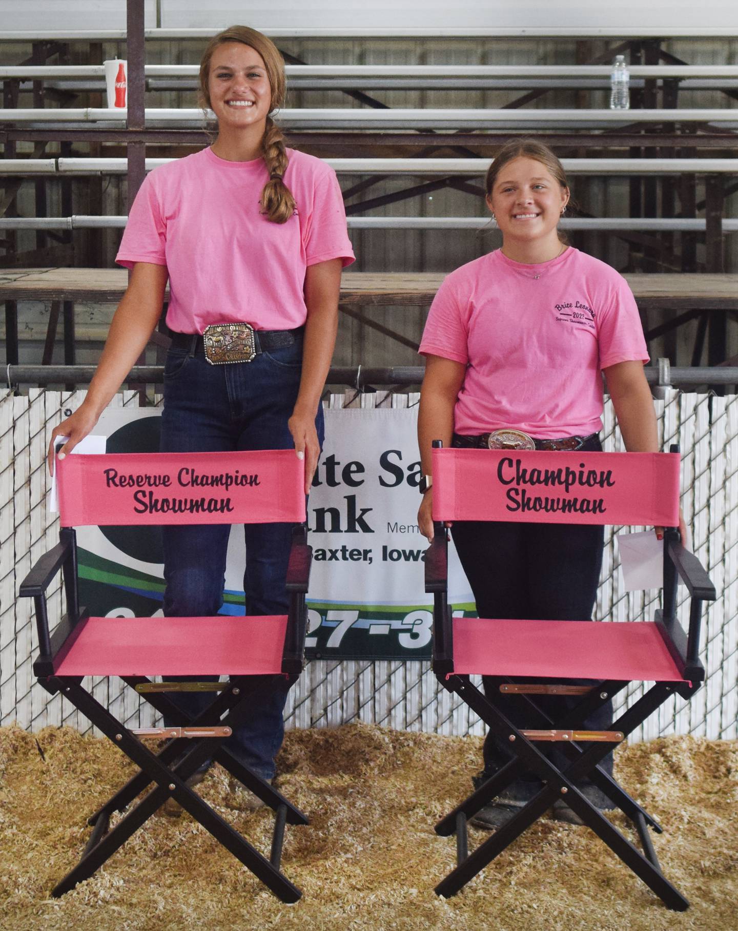 From left: Supreme Showmanship Reserve Champion Cadie Horn and Supreme Showmanship Champion Elise Engle pose for pictures after their win on July 21 at the Jasper County Fair.