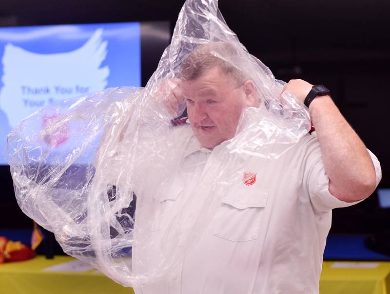 As a result of Rotary raising more funds for the Salvation Army than Kiwanis, Captain  Tim North voluntarily took a pie to the face during a volunteer recognition dinner April 19 at the organization's Newton headquarters.