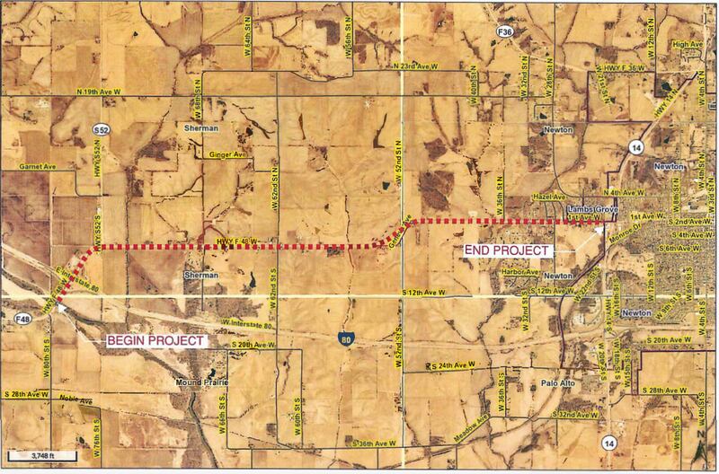 The County Highway F-48 West resurfacing project extends from the Skunk River bridge westbound toward the City of Newton limits. Jasper County Engineer Michael Frietsch estimates the project to cost $4.5 million.