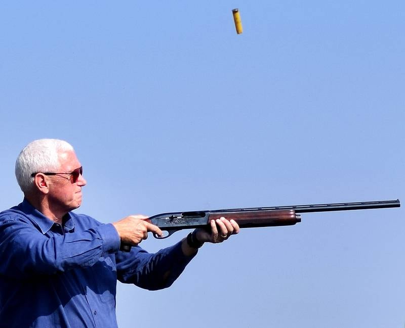 Former U.S. Vice President Mike Pence participates in the Jasper County Republican Party's 10th annual trap shoot fundraiser at the Jasper County Gun Club in Newton.