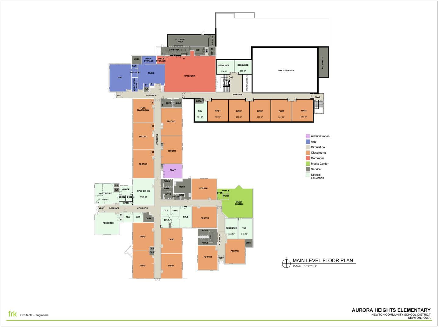 Site plans of the main level for the new Aurora Heights Elementary School show five classrooms are reserved for first grade, four classrooms reserved for second grade, four classrooms reserved for third grade and four classrooms reserved for fourth grade.