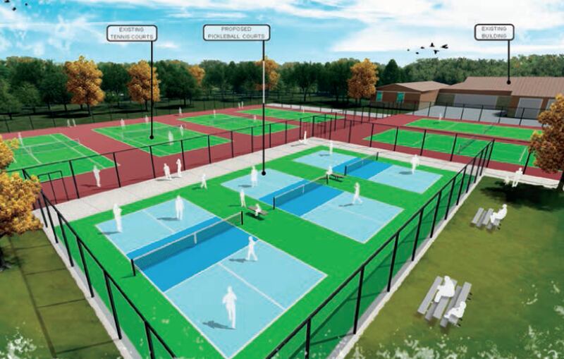 Renderings of the pickleball courts show what they may look like when fully constructed, but the location of the facilities have been changed to north of the existing tennis courts.