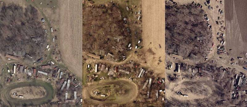 Images from Jasper County's GIS mapping software shows how many vehicles have accumulated on Robert Bell's property in 2017, 2019 and 2022.