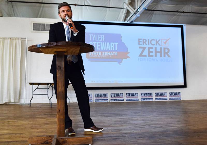 Erick Zehr, the Democratic candidate vying for Iowa House District 38, speaks during the Jasper County Democratic Party's campaign kickoff on June 3 at The Thunderdome.
