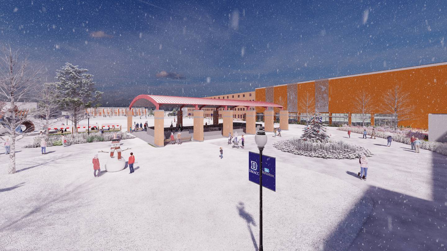 Renderings of the Legacy Plaza greenspace show what the pavillion looks like during winter. The space will be transformed into a public ice skating rink. DMACC has launched a public initiative to complete the fundraising for the greenspace, which many have called the centerpiece of the Legacy Plaza project.