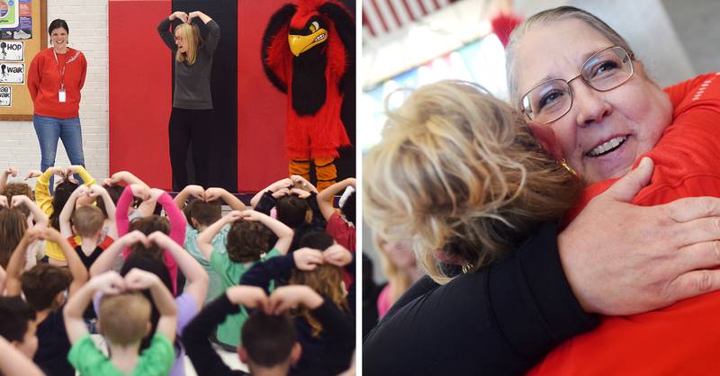 Left: Tara Zehr, principal of Emerson Hough Elementary School, gets "big hearts" from her students after receiving the Above & Beyond Award from Newton Community Educational Foundation. Right: Jen Flake, a school nurse at Berg Middle School, embraces a fellow staff member after receiving the Above & Beyond Award from Newton Community Educational Foundation.