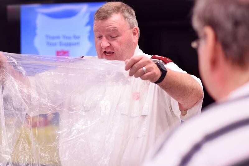 As a result of Rotary raising more funds for the Salvation Army than Kiwanis, Captain  Tim North voluntarily took a pie to the face during a volunteer recognition dinner April 19 at the organization's Newton headquarters.