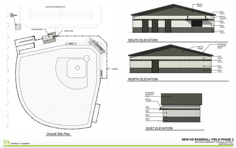 Designs by FRK Architects + Engineers show what the proposed concesesion stand and restroom building could look like at the Newton High School baseball field.