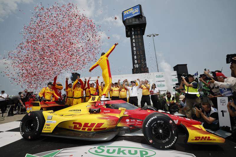 Álex Palou celebrates winning the Farm to Finish 275 on Sunday, July 13 at the Iowa Speedway in Newton. Photo by Michael Levitt of Lumen Digital Agency.