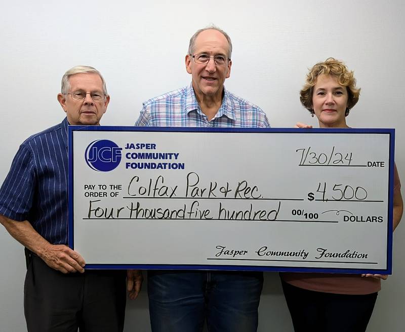 The Colfax Park & Recreation Auxiliary Board, Inc. is the recipient of a Jasper Community Foundation grant for $4,500. Pictured from left are Colfax Mayor David Mast, board VP Kim Seebeck and board president Doug Garrett.
