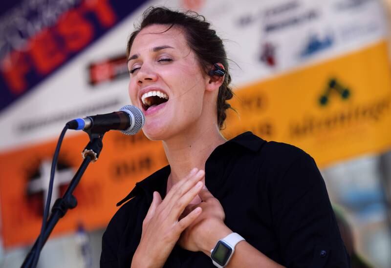 Sean Feucht performs during the inaugural Fierce Faith Music Worship Fest on June 19 in downtown Newton.