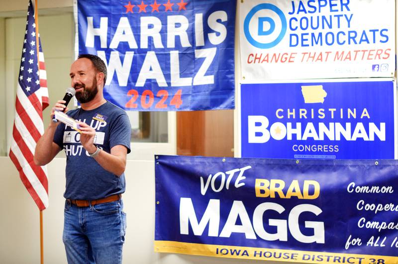 Brad Magg, the Democratic candidate running for Iowa House District 38, speaks to a crowd of supporters during the annual Jasper County Democrats Soup Supper on Sept. 22 in Newton. Magg is a member of the Colfax City Council and owner of Goldie's Ice Cream Shoppe in Prairie City.
