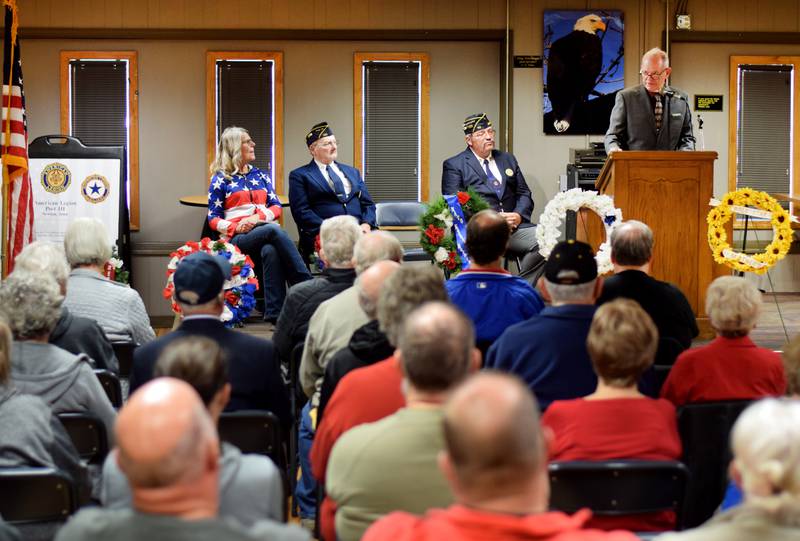 Retired Sgt. Maj. Robert Reedy of the U.S. Army speaks during the Veterans Day ceremony on Nov. 11 in the American Legion Post 111 in Newton.