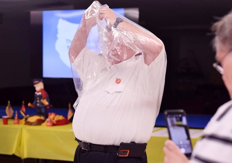 As a result of Rotary raising more funds for the Salvation Army than Kiwanis, Captain  Tim North voluntarily took a pie to the face during a volunteer recognition dinner April 19 at the organization's Newton headquarters.