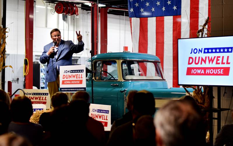 Iowa House Rep. Jon Dunwell speaks to Republican supporters during his Oct. 15 event where Iowa Gov. Kim Reynolds appeared as a special guest and offered her support.