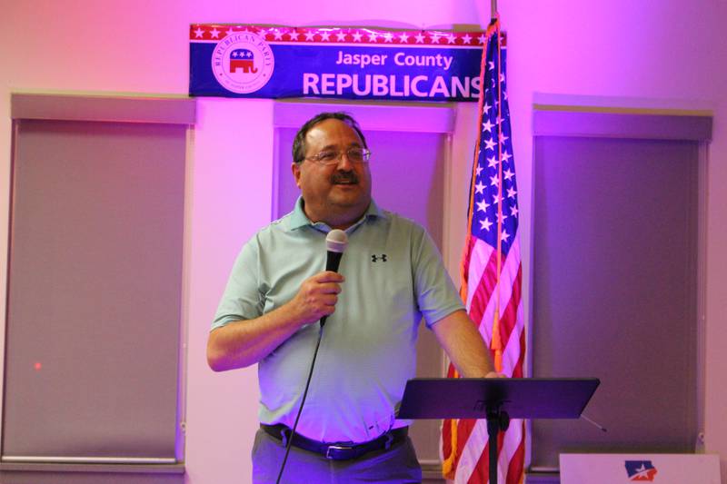 Jeff Kaufmann, chairperson of the Iowa Republican Party, speaks with Jasper County Republicans during a meeting on Oct. 24 at their headquarters in Newton.
