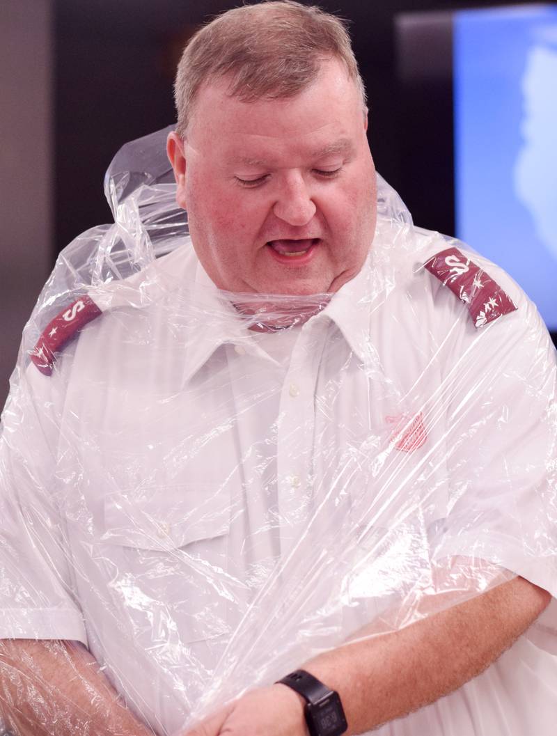 As a result of Rotary raising more funds for the Salvation Army than Kiwanis, Captain  Tim North voluntarily took a pie to the face during a volunteer recognition dinner April 19 at the organization's Newton headquarters.