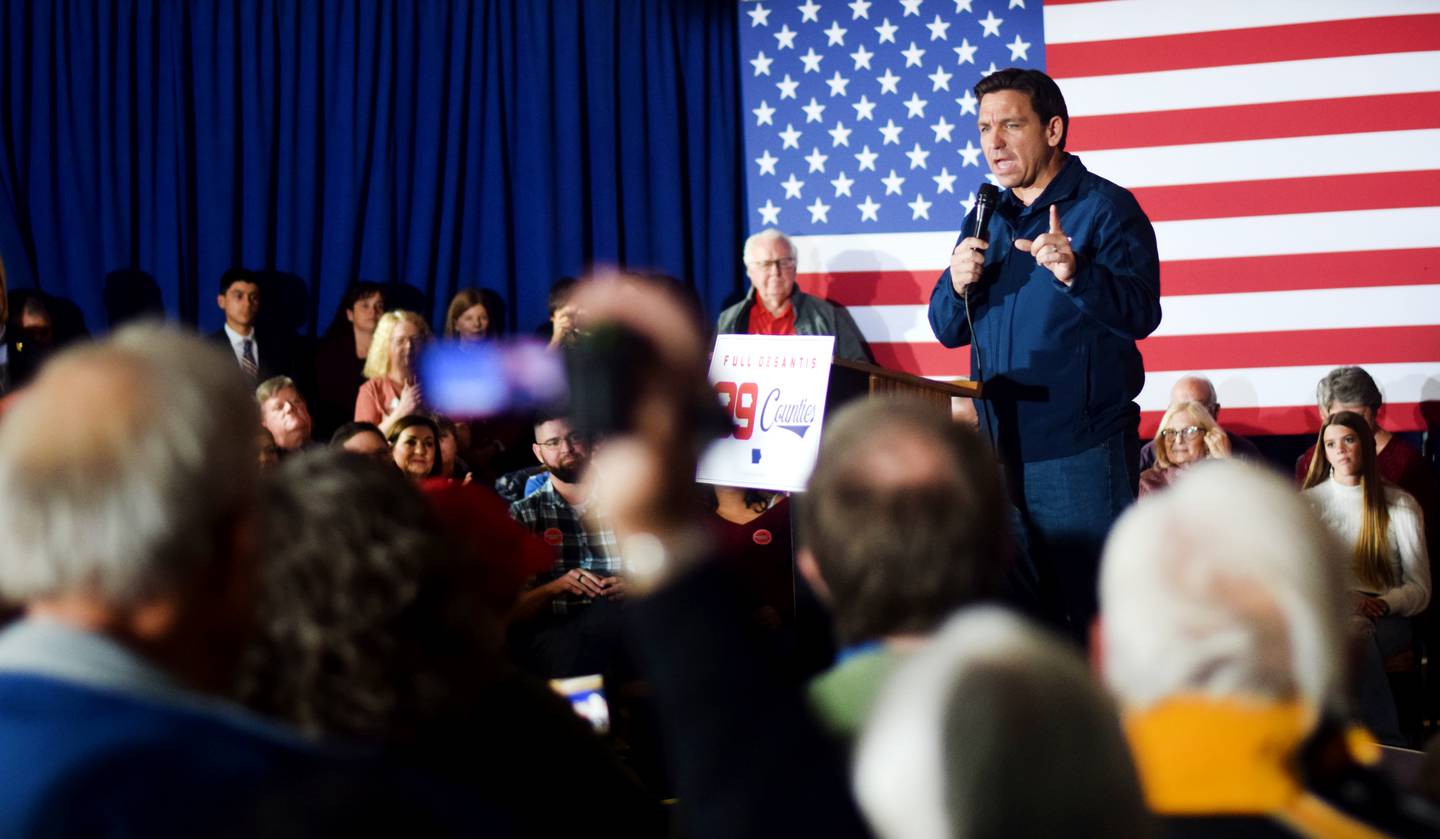 Florida Gov. Ron DeSantis, who is running for president, speaks during a campaign stop Dec. 2 at The Thunderdome in Newton. DeSantis finished his 99-county tour in Jasper County with support from local legislators, the governor of Iowa and the leader of an influential conservative group.