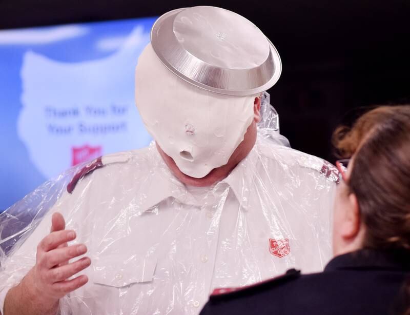 As a result of Rotary raising more funds for the Salvation Army than Kiwanis, Captain  Tim North voluntarily took a pie to the face during a volunteer recognition dinner April 19 at the organization's Newton headquarters.