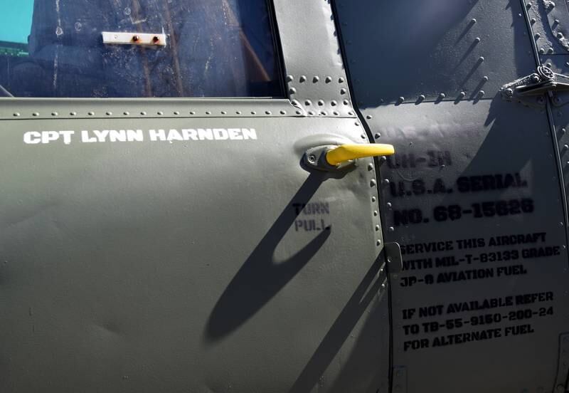 Lynn Harnden, a retired Lt. Colonel of the U.S. Army, has his name painted on the side of the Huey helicopter monument. Harnden flew more than 1,200 hours while serving in Vietnam.