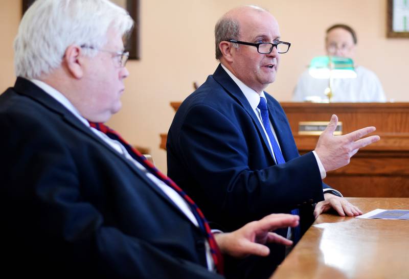From left: Wade Sheeler of the Newton Masonic Lodge and Craig Davis, grand secretary of the Grand Lodge of Iowa, speak to the Jasper County Board of Supervisors during its meeting April 19 inside the courthouse.