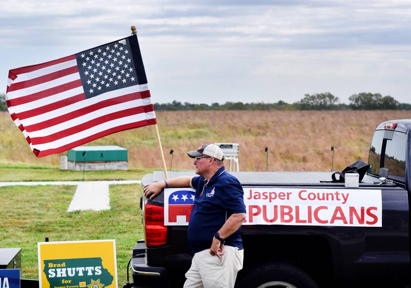 Iowa House Rep. Jon Dunwell listens to a guest speaker during the Jasper County GOP Trapshoot fundraiser on Sept. 21 in Newton. Dunwell is running for re-election to the Iowa House District 38 seat.