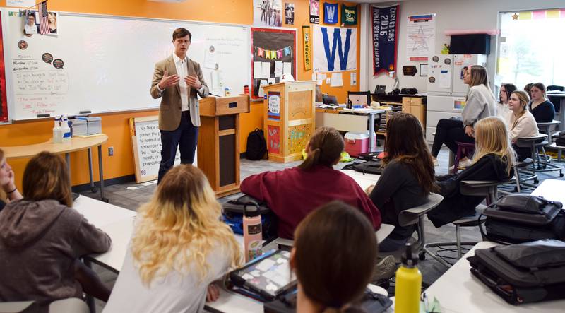 Iowa State Auditor Rob Sand speaks to students May 5 at Berg Middle School in Newton.