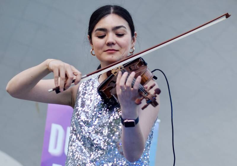 Dueling Fiddles, a Des Moines-based group featuring Hanna Wolle and Geneviève Gros-Louis Salamone, performed Thursday, June 8 as part of the Maytag Bowl Summer Concert Series in Newton.