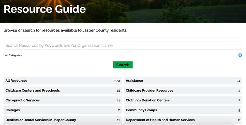 The Jasper County Resource Guide has 50 categories from colleges to hospitals and senior services to vision care providing information on services available to residents in the county. The guide is available on the Jasper County website: jasperia.org/resources.