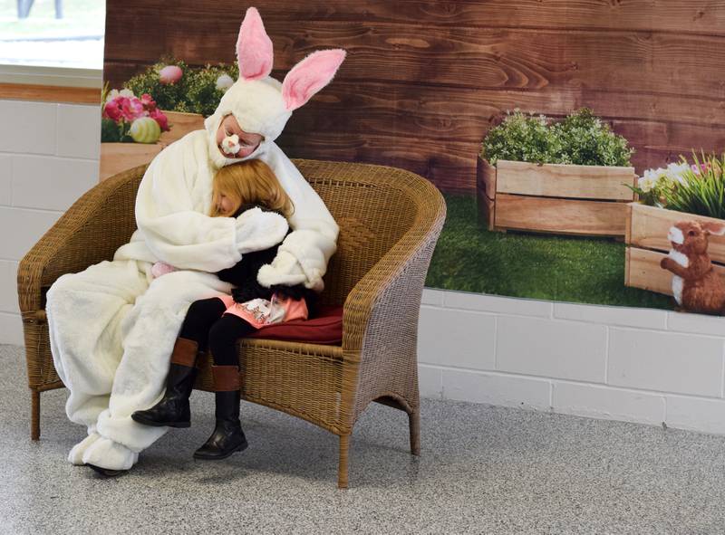 The Easter Bunny poses for pictures during the Spring Celebration on April 2 at the Prairie City Community Building.