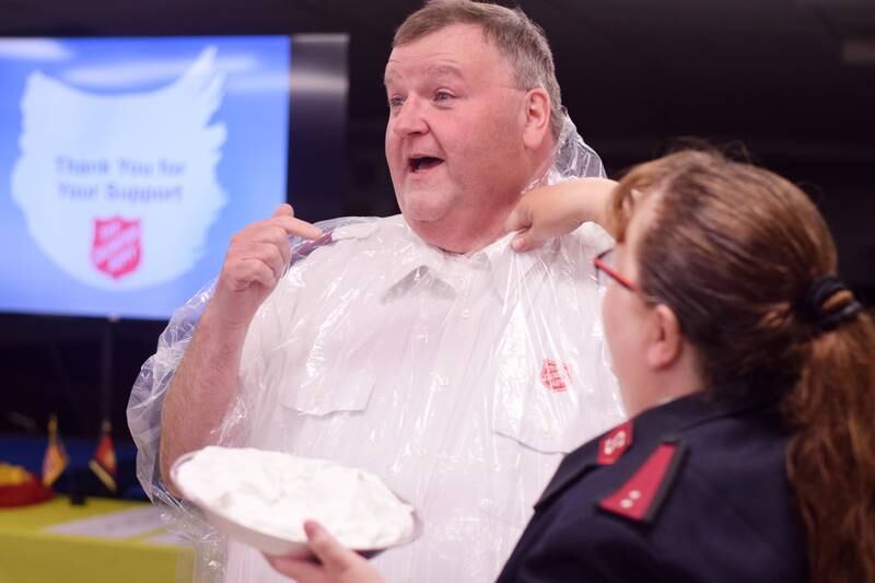As a result of Rotary raising more funds for the Salvation Army than Kiwanis, Captain  Tim North voluntarily took a pie to the face during a volunteer recognition dinner April 19 at the organization's Newton headquarters.