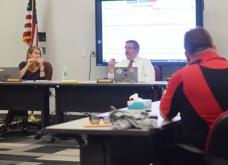 Newton Superintendent Tom Messinger speaks with school board members during the Aug. 28 meeting at the E.J.H. Beard Administration Center.