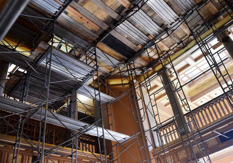 Scaffolding currently surrounds the higher floors of the Jasper County Courthouse so contractors can complete the mural and painting restorations.