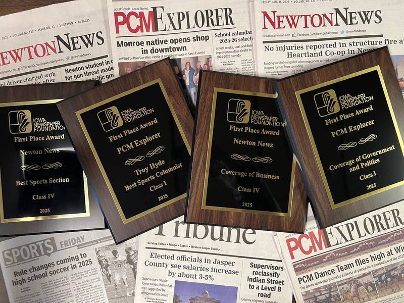 Four first place plaques highlighted the 14 placements for the Newton News, PCM Explorer and Jasper County Tribune at the Iowa Newspaper Association Convention and Awards Ceremony Feb. 6 in Des Moines.
