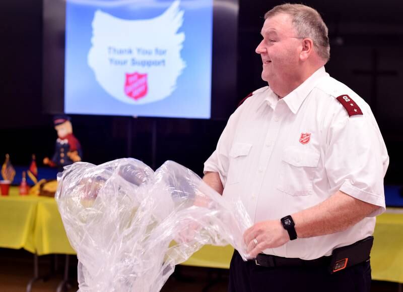 As a result of Rotary raising more funds for the Salvation Army than Kiwanis, Captain  Tim North voluntarily took a pie to the face during a volunteer recognition dinner April 19 at the organization's Newton headquarters.