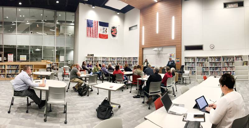 School administrators and staff of Newton Community School District, members of the parent-teacher association and the School Improvement Advisory Committee and community leaders who participated in the Preserve the Pride bond committee brainstorm ideas during the first master planning community meeting held Sept. 29 at the Berg Middle School library.