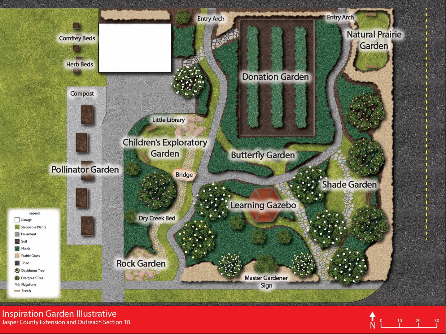 A top-down illustration created by Iowa State University's Rising Star interns Jake Guthrie and Kaylee Kleitsch show how the Jasper County ISU Extension and Outreach office's community inspiration garden could look like when fully completed.