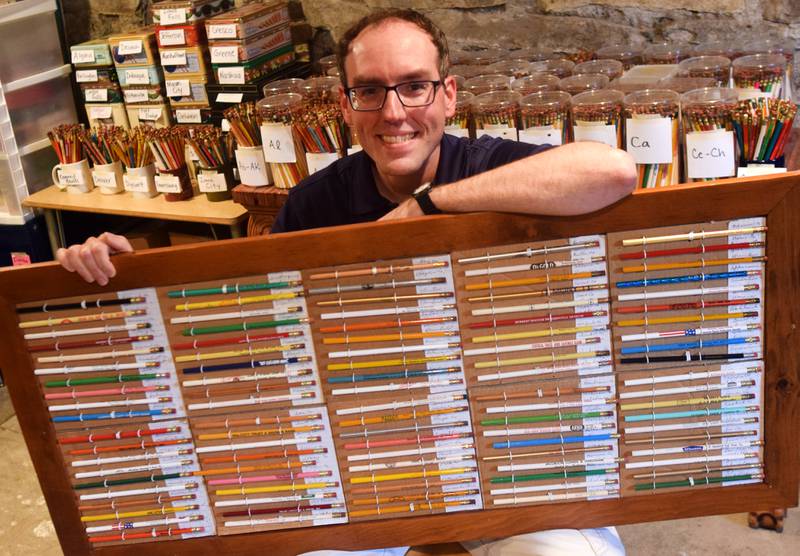 Aaron Bartholmey, 36, of Colfax shares but a fraction of what he claims is a 70,000 advertising pencil collection. The history buff and former teacher began his collection as early as 6 years old. Bartholmey held a public event on July 1 for a Guinness World Record attempt for largest pencil collection. The current record is more than 24,000 pencils.