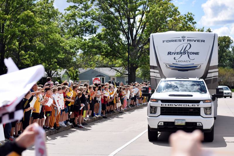Berg Middle School students welcome the RVTV crew on Sept. 4 in Newton. Prior to the downtown celebration, RVTV paid a drive-by visit to the middle school students and faculty.