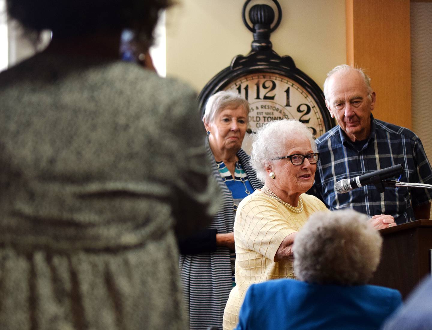 Joan Tyler, whose husband, Jim, was one of the founders of Park Centre, speaks during the 30-year anniversary celebration at the Newton-based retirement community.