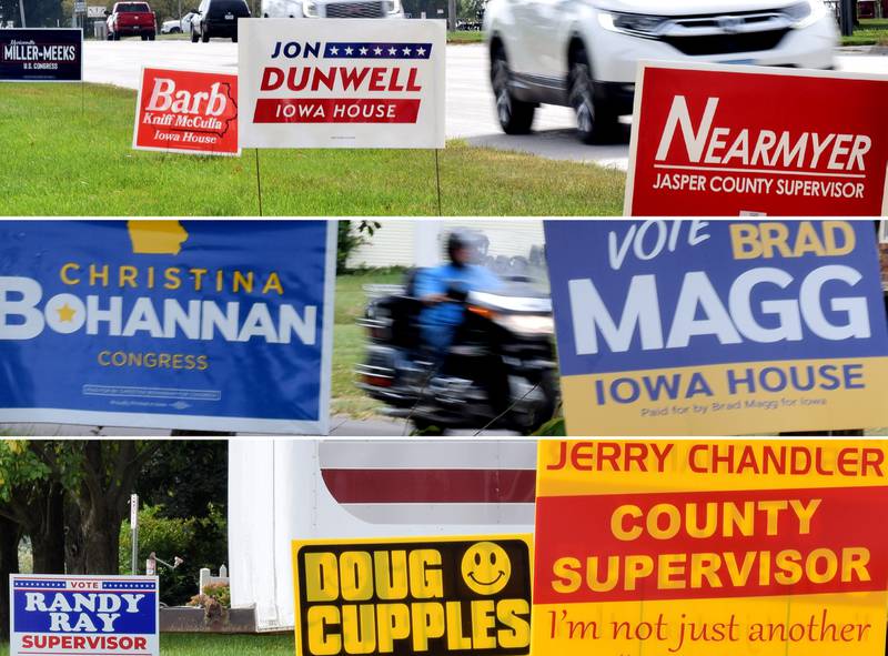 It is a crime to place campaign signs on properties without the expressed permission of the property owner. Jasper County Attorney Scott Nicholson emphasized this fact after receiving reports from citizens and law enforcement of signs supporting local candidates showing up on their properties.
“So I’m here to remind everybody that if you’re going to place a campaign sign in private property, you have to have the permission of the owner that private property,” Nicholson said. “Unfortunately, if you don’t, and you are prosecuted, it’s a serious misdemeanor. It’s not even a simple (misdemeanor).”
Nicholson gave this advice at the Sept. 17 supervisors meeting. He did not reveal the names of the candidates whose signs he received complaints about.
Other than the presidential election, the signs could have likely been in regards to one of the candidates in the supervisors race between incumbent Doug Cupples and newcomers Jerry Chandler, Thad Nearmyer and Randy Ray or the Iowa House District 38 race between incumbent Jon Dunwell and newcomer Brad Magg.
According to the Iowa Ethics and Campaign Disclosure Board, campaign signs are permitted on residential properties, ag land belonging to a family farm, leased properties, vacant lots and businesses or organizations that are not corporations, financial institutions or insurance companies. But all need owner permission.
Leased properties used for a candidate, campaign committee or political party headquarters or office are permitted to post signs.
Properties owned by the state, county, city or other political subdivisions (including public right-of-ways) are prohibited from posting campaign signs unless the property is made open and available to any individual or group from the public to lawfully place any type of sign.
Campaign signs for candidates or bond issues are also prohibited at polling places or within 300 feet of a polling place, unless they are on private property. Vehicles with campaign signs bigger than 90 square inches are even prohibited from parking on public property within 300 of a polling place.