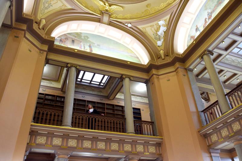 The peeling paint and damaged murals inside the courthouse are due to be restored this summer. The Jasper County Board of Supervisors on May 3 authorized the rental of scaffolding to complete the project.